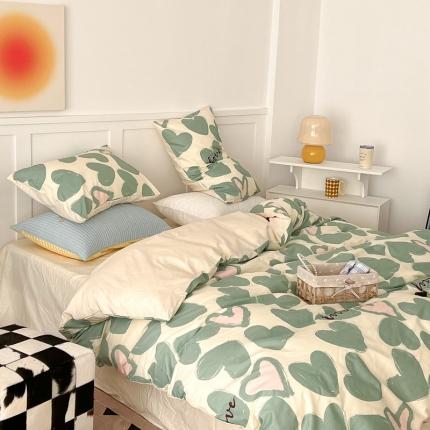 昔可家纺 2022新款13372全棉普通款爱心系列四件套 撞色爱心绿