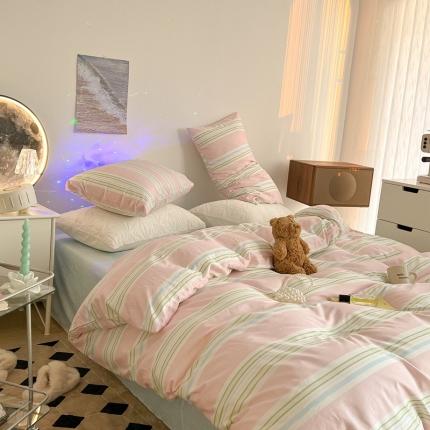 91家纺网 家纺一手货源 找家纺 昔可家纺 2022新款13372全棉普通款玛卡龙条纹四件套 马卡龙粉条纹