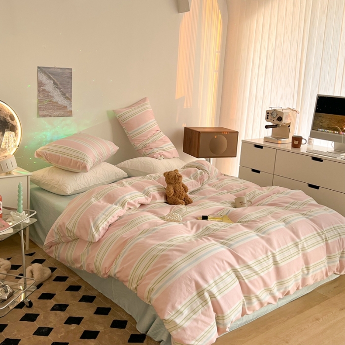 91家纺网 家纺一手货源 找家纺 总昔可家纺 2022新款13372全棉普通款玛卡龙条纹四件套