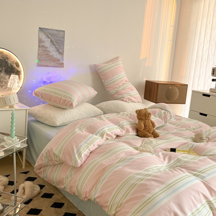 91家纺网 家纺一手货源 找家纺 昔可家纺 2022新款13372全棉普通款玛卡龙条纹四件套 马卡龙粉条纹