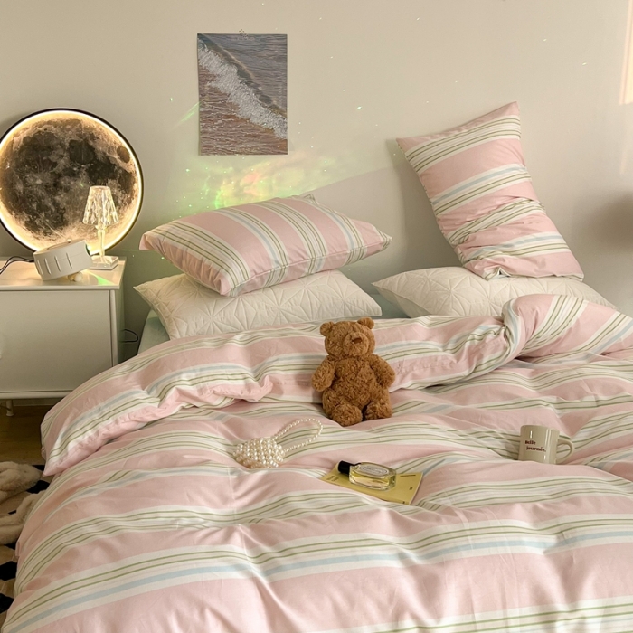 91家纺网 家纺一手货源 找家纺 昔可家纺 2022新款13372全棉普通款玛卡龙条纹四件套 马卡龙粉条纹