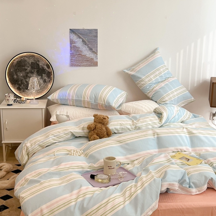 91家纺网 家纺一手货源 找家纺 昔可家纺 2022新款13372全棉普通款玛卡龙条纹四件套 奶蓝条纹