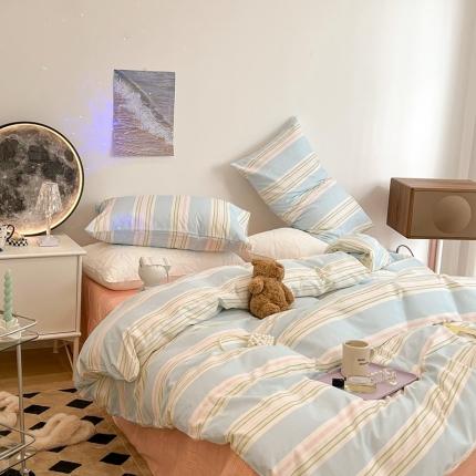昔可家纺 2022新款13372全棉普通款玛卡龙条纹四件套 奶蓝条纹