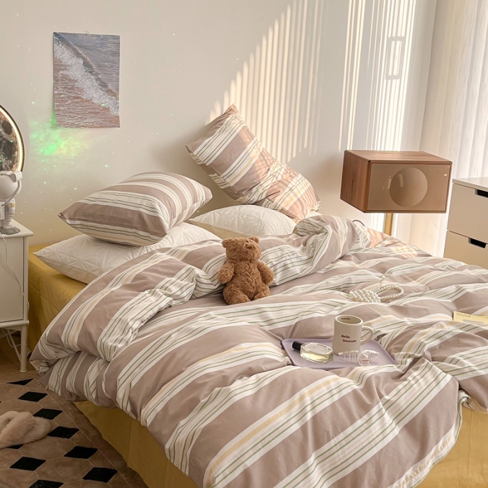 91家纺网 家纺一手货源 找家纺 昔可家纺 2022新款13372全棉普通款玛卡龙条纹四件套 浅驼条纹