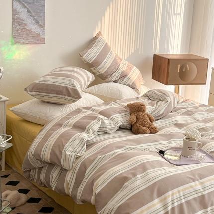 昔可家纺 2022新款13372全棉普通款玛卡龙条纹四件套 浅驼条纹