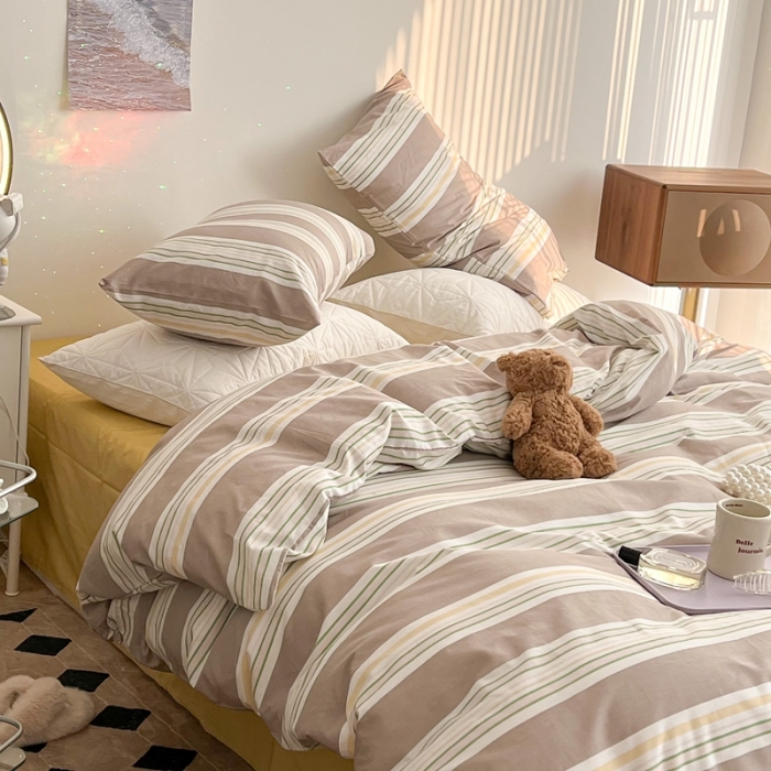 91家纺网 家纺一手货源 找家纺 昔可家纺 2022新款13372全棉普通款玛卡龙条纹四件套 浅驼条纹