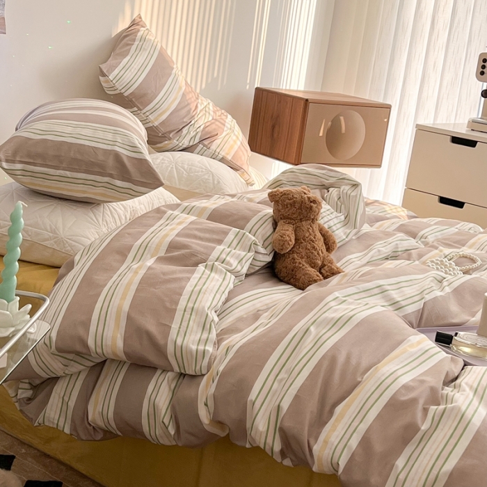 91家纺网 家纺一手货源 找家纺 昔可家纺 2022新款13372全棉普通款玛卡龙条纹四件套 浅驼条纹