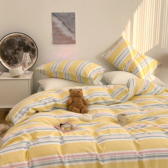 91家纺网 家纺一手货源 找家纺 昔可家纺 2022新款13372全棉普通款玛卡龙条纹四件套 芝士黄条纹