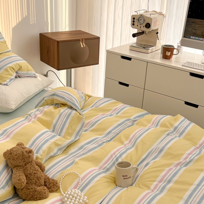 91家纺网 家纺一手货源 找家纺 昔可家纺 2022新款13372全棉普通款玛卡龙条纹四件套 芝士黄条纹