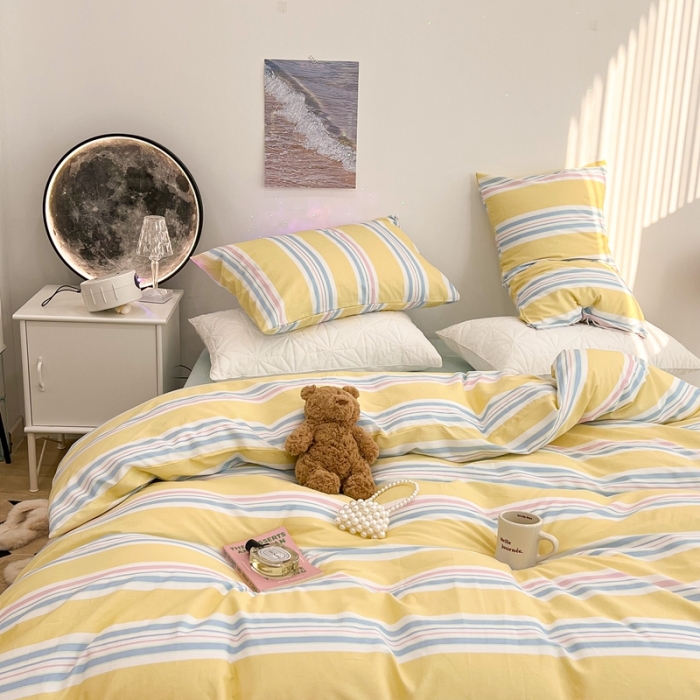 91家纺网 家纺一手货源 找家纺 昔可家纺 2022新款13372全棉普通款玛卡龙条纹四件套 芝士黄条纹