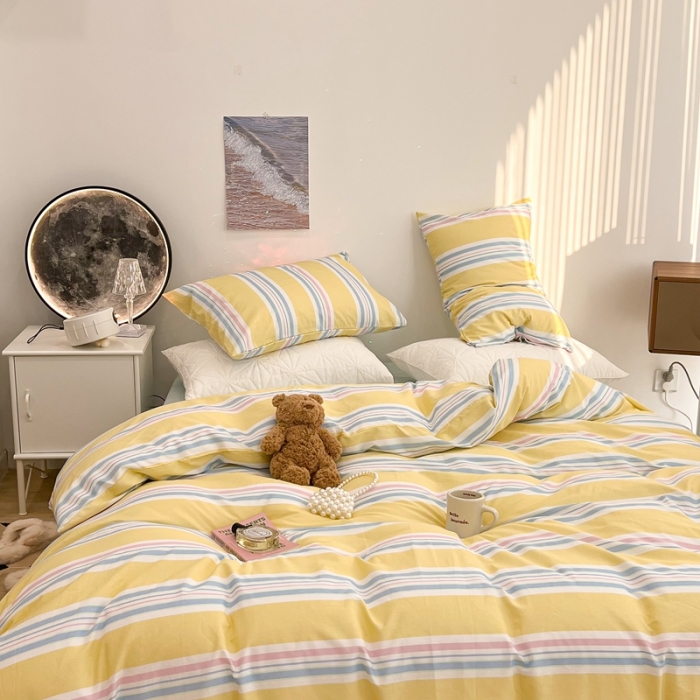 91家纺网 家纺一手货源 找家纺 昔可家纺 2022新款13372全棉普通款玛卡龙条纹四件套 芝士黄条纹