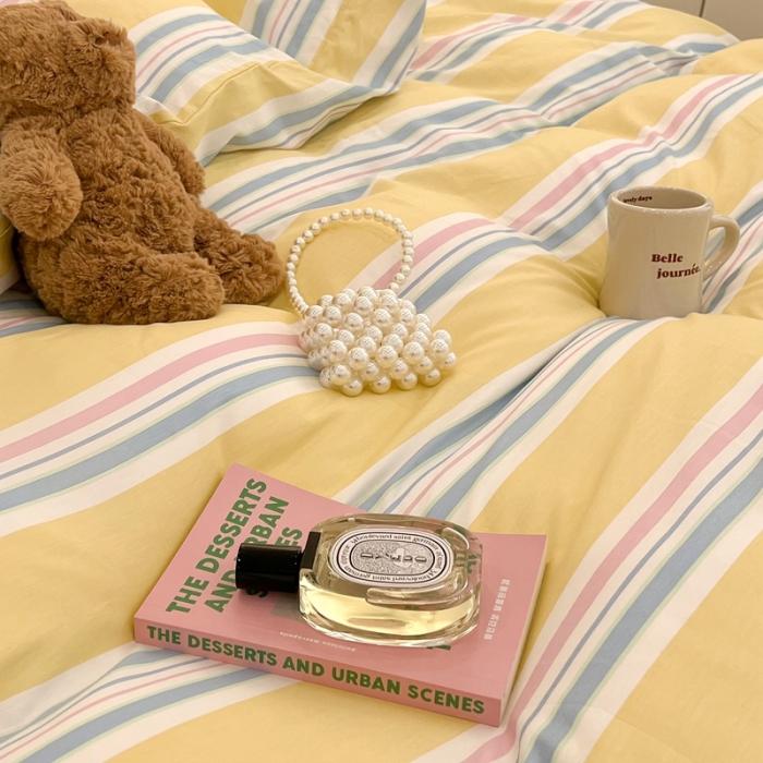 91家纺网 家纺一手货源 找家纺 昔可家纺 2022新款13372全棉普通款玛卡龙条纹四件套 芝士黄条纹