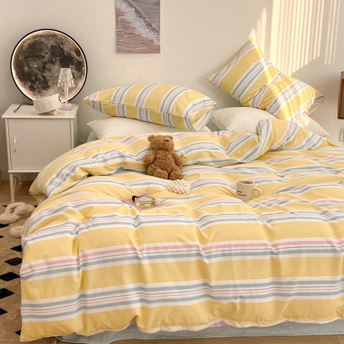 91家纺网 家纺一手货源 找家纺 昔可家纺 2022新款13372全棉普通款玛卡龙条纹四件套 芝士黄条纹