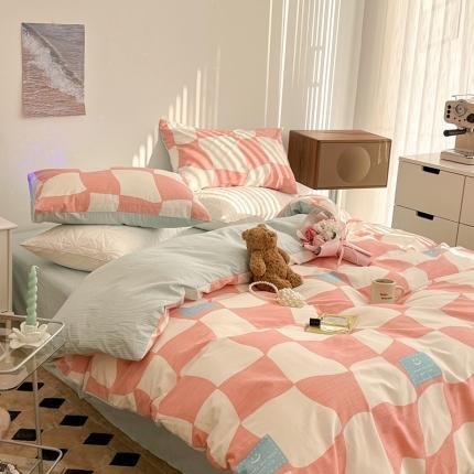 91家纺网 家纺一手货源 找家纺 总昔可家纺 2022新款13372全棉普通款异形棋盘格四件套