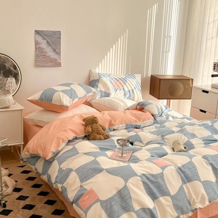 91家纺网 家纺一手货源 找家纺 昔可家纺 2022新款13372全棉普通款异形棋盘格四件套 异形棋盘蓝