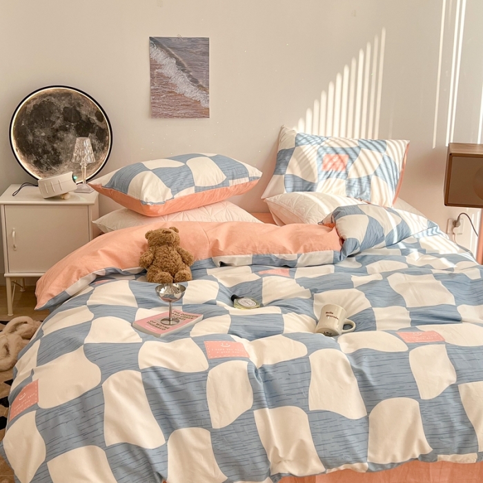 91家纺网 家纺一手货源 找家纺 昔可家纺 2022新款13372全棉普通款异形棋盘格四件套 异形棋盘蓝