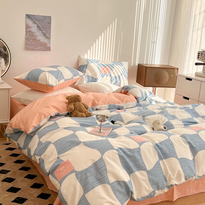 91家纺网 家纺一手货源 找家纺 昔可家纺 2022新款13372全棉普通款异形棋盘格四件套 异形棋盘蓝