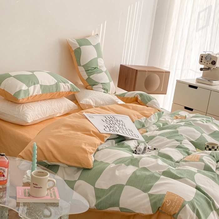 91家纺网 家纺一手货源 找家纺 昔可家纺 2022新款13372全棉普通款异形棋盘格四件套 异形棋盘绿