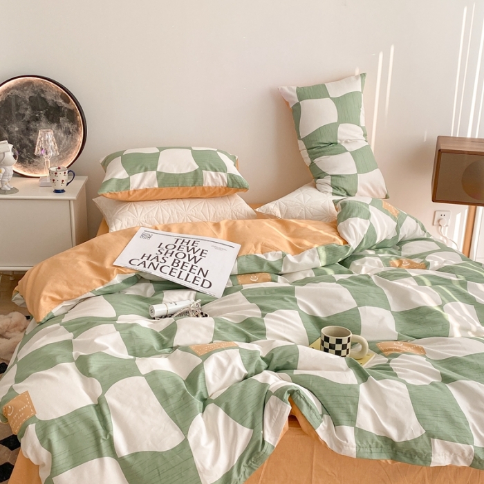 91家纺网 家纺一手货源 找家纺 昔可家纺 2022新款13372全棉普通款异形棋盘格四件套 异形棋盘绿