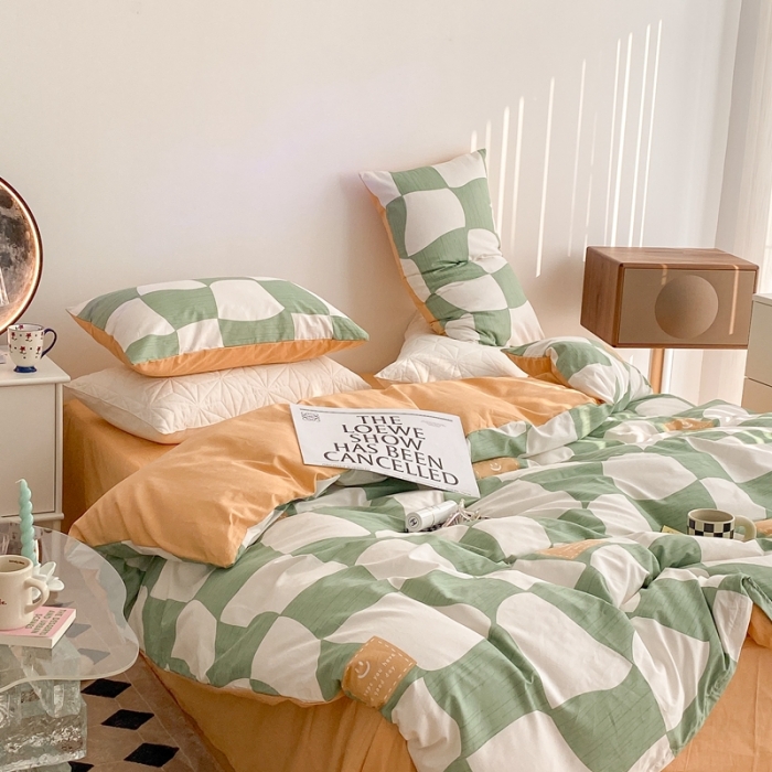 91家纺网 家纺一手货源 找家纺 昔可家纺 2022新款13372全棉普通款异形棋盘格四件套 异形棋盘绿