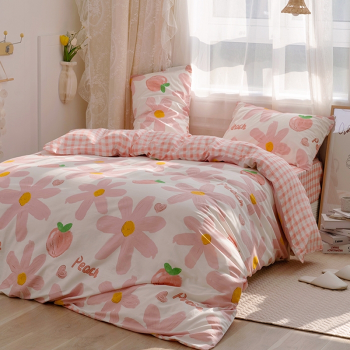 91家纺网 家纺一手货源 找家纺 沐棉家居 2022新款全棉13370印花四件套直播爆款 陌颜-粉