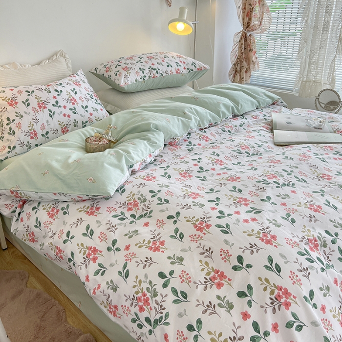 91家纺网 家纺一手货源 找家纺 沐棉家居 2022新款全棉13370印花四件套直播爆款 盈盈花语