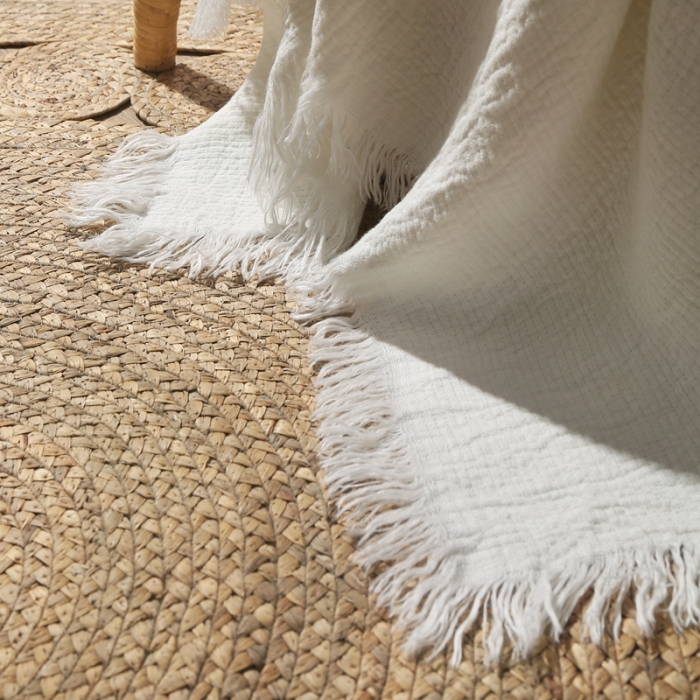 91家纺网 家纺一手货源 找家纺 简家居 2022新款纯亚麻流苏盖毯 纯白