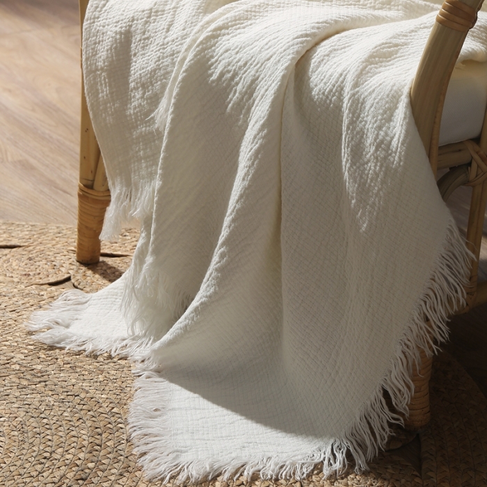 91家纺网 家纺一手货源 找家纺 简家居 2022新款纯亚麻流苏盖毯 纯白