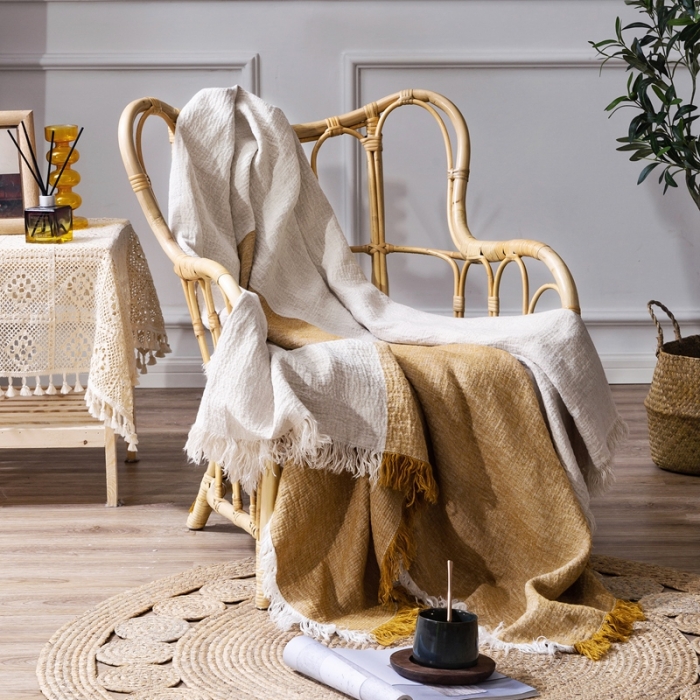 91家纺网 家纺一手货源 找家纺 简家居 2022新款纯亚麻流苏盖毯 黄白双拼