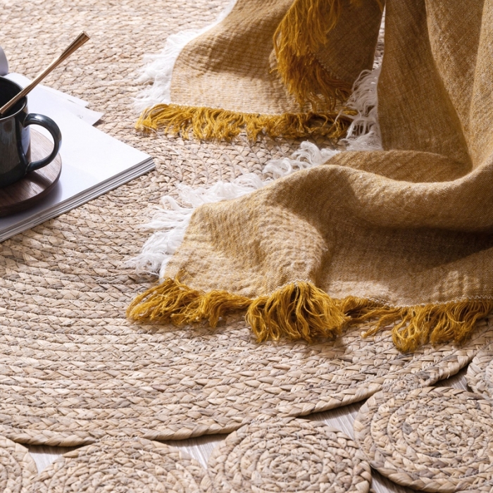 91家纺网 家纺一手货源 找家纺 简家居 2022新款纯亚麻流苏盖毯 黄白双拼