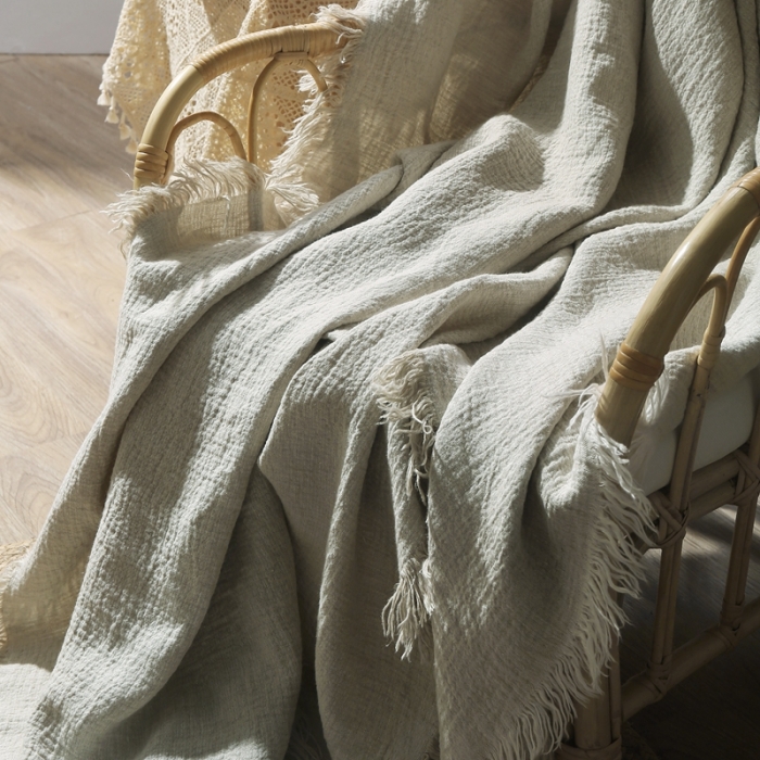 91家纺网 家纺一手货源 找家纺 简家居 2022新款纯亚麻流苏盖毯 麻本色
