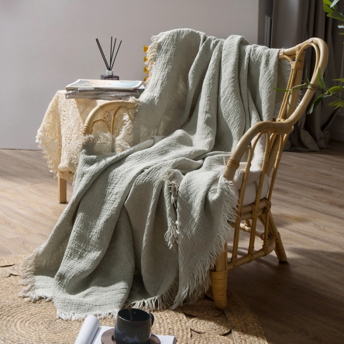 91家纺网 家纺一手货源 找家纺 简家居 2022新款纯亚麻流苏盖毯 麻本色