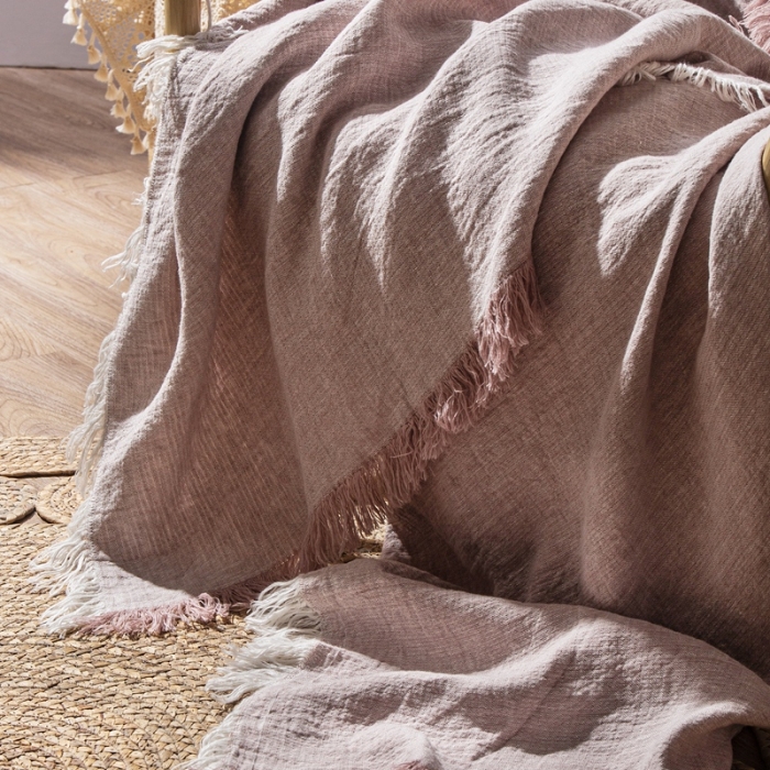 91家纺网 家纺一手货源 找家纺 简家居 2022新款纯亚麻流苏盖毯 皮粉色