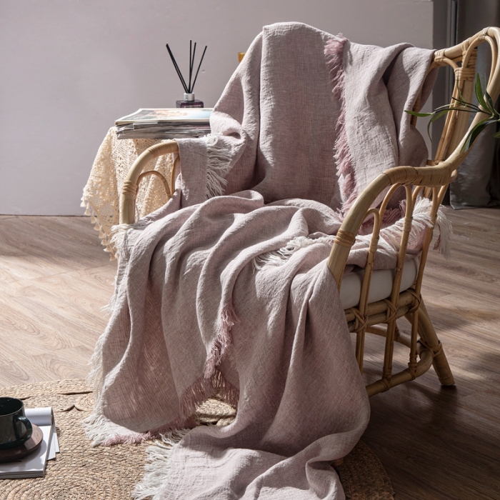 91家纺网 家纺一手货源 找家纺 简家居 2022新款纯亚麻流苏盖毯 皮粉色
