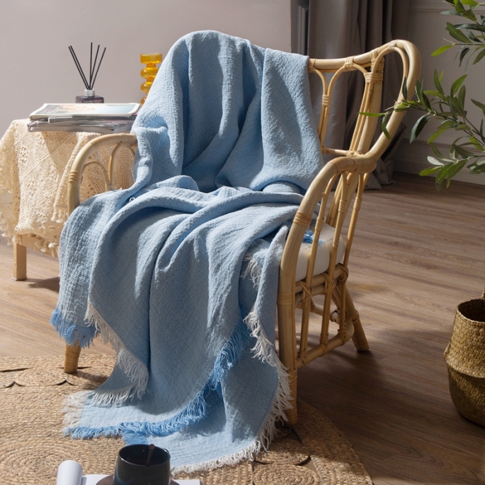 91家纺网 家纺一手货源 找家纺 简家居 2022新款纯亚麻流苏盖毯 天蓝