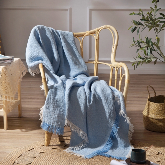 91家纺网 家纺一手货源 找家纺 简家居 2022新款纯亚麻流苏盖毯 天蓝