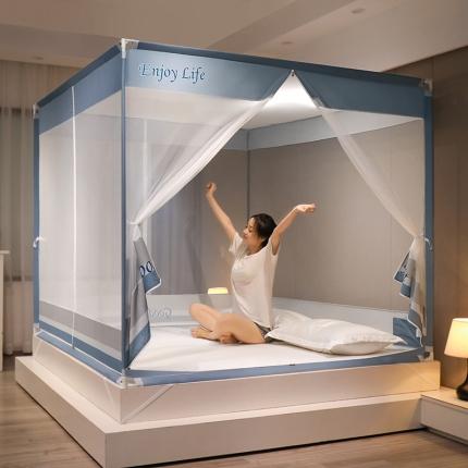 91家纺网 家纺一手货源 找家纺 迪凡保罗 2022新款5843轻奢T型外穿杆坐床蚊帐 蓝灰