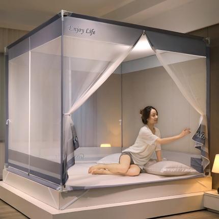 91家纺网 家纺一手货源 找家纺 迪凡保罗 2022新款5843轻奢T型外穿杆坐床蚊帐 月光灰