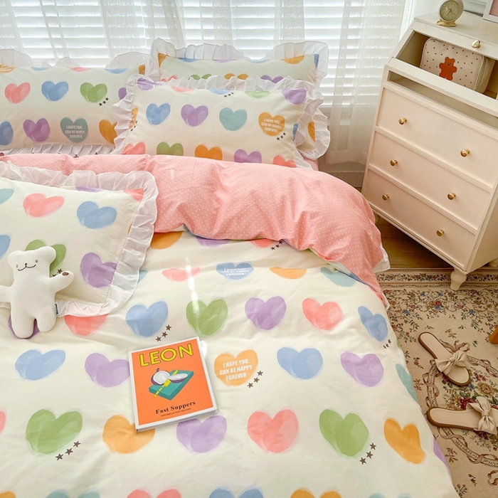 91家纺网 家纺一手货源 找家纺 卡普 直播供货全棉韩版荷叶花边四件套三件套学生床笠款 彩虹之心