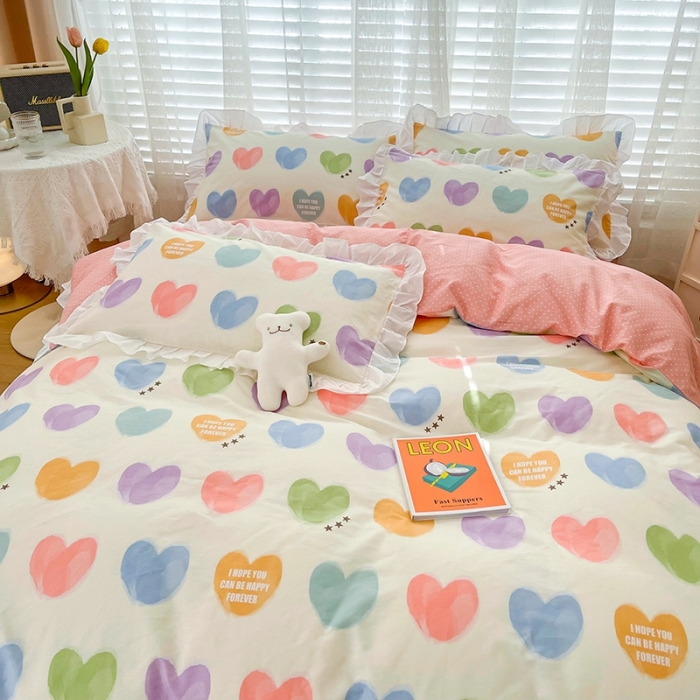 91家纺网 家纺一手货源 找家纺 卡普 直播供货全棉韩版荷叶花边四件套三件套学生床笠款 彩虹之心