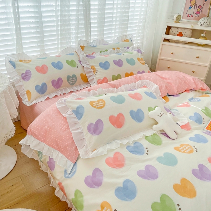 91家纺网 家纺一手货源 找家纺 卡普 直播供货全棉韩版荷叶花边四件套三件套学生床笠款 彩虹之心