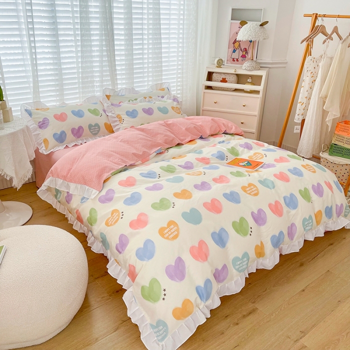 91家纺网 家纺一手货源 找家纺 卡普 直播供货全棉韩版荷叶花边四件套三件套学生床笠款 彩虹之心