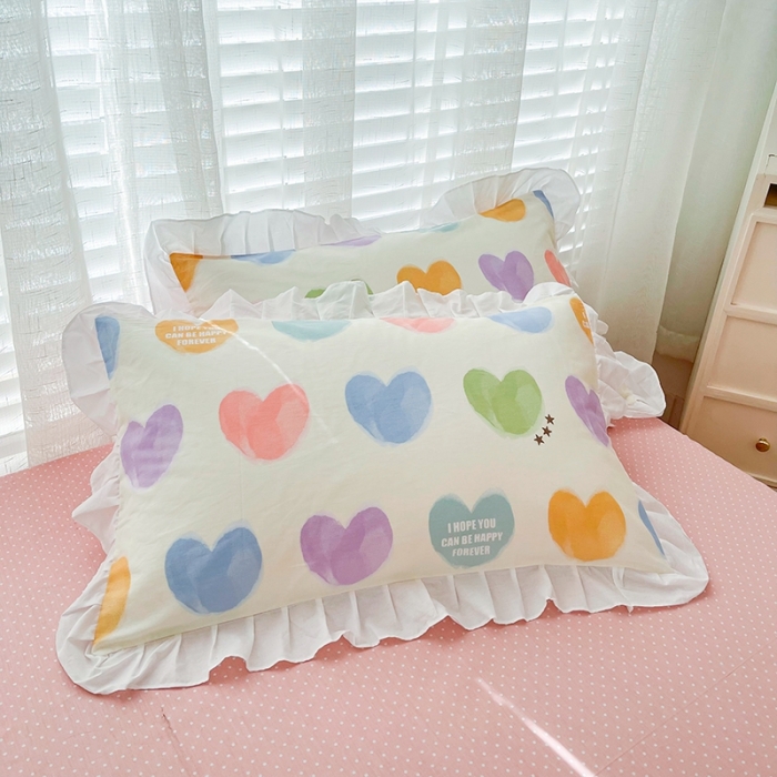 91家纺网 家纺一手货源 找家纺 卡普 直播供货全棉韩版荷叶花边四件套三件套学生床笠款 彩虹之心