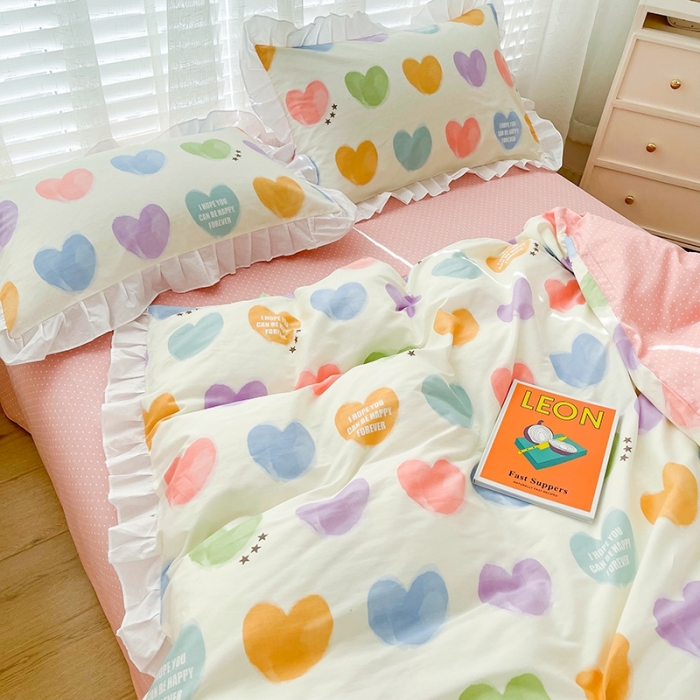 91家纺网 家纺一手货源 找家纺 卡普 直播供货全棉韩版荷叶花边四件套三件套学生床笠款 彩虹之心