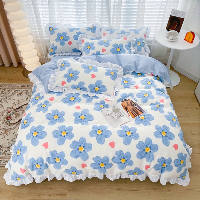 91家纺网 家纺一手货源 找家纺 卡普 直播供货全棉韩版荷叶花边四件套三件套学生床笠款 蓝朵