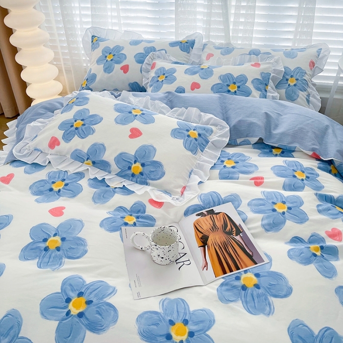 91家纺网 家纺一手货源 找家纺 卡普 直播供货全棉韩版荷叶花边四件套三件套学生床笠款 蓝朵