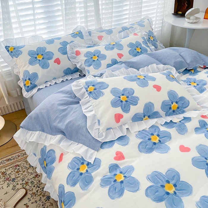 91家纺网 家纺一手货源 找家纺 卡普 直播供货全棉韩版荷叶花边四件套三件套学生床笠款 蓝朵