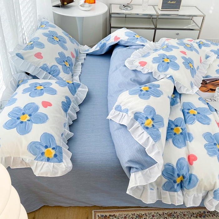 91家纺网 家纺一手货源 找家纺 卡普 直播供货全棉韩版荷叶花边四件套三件套学生床笠款 蓝朵