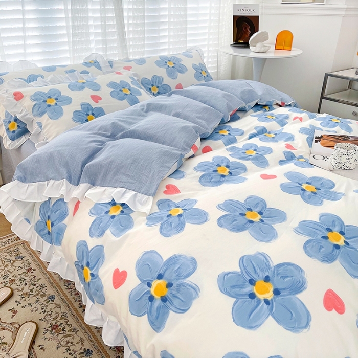 91家纺网 家纺一手货源 找家纺 卡普 直播供货全棉韩版荷叶花边四件套三件套学生床笠款 蓝朵