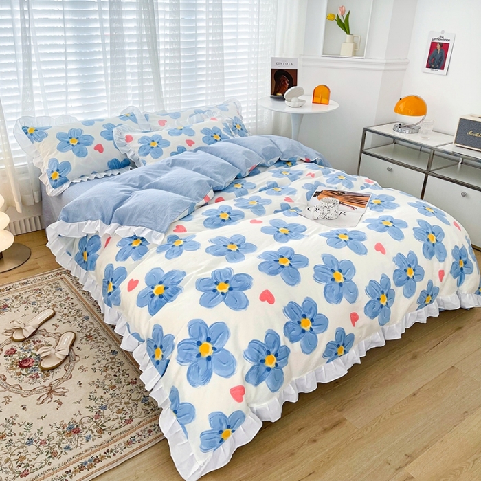 91家纺网 家纺一手货源 找家纺 卡普 直播供货全棉韩版荷叶花边四件套三件套学生床笠款 蓝朵